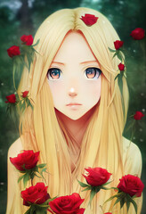 blonde anime girl with red roses, garden illustration in background