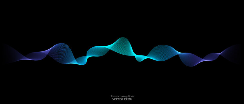 Vector wave lines smooth flowing dynamic blue green gradient light isolated on black background for concept of technology, digital, communication, science, music