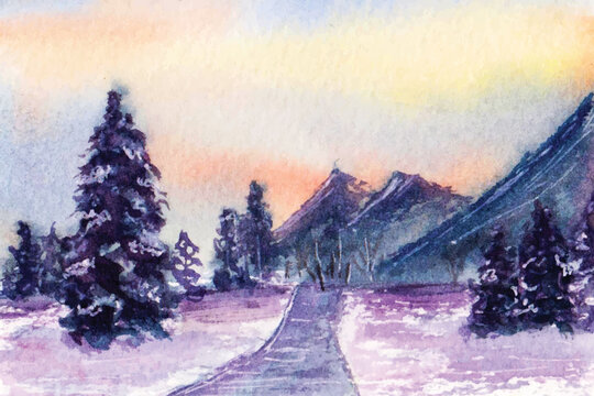 winter landscape in the mountains with snow and tree watercolor painting