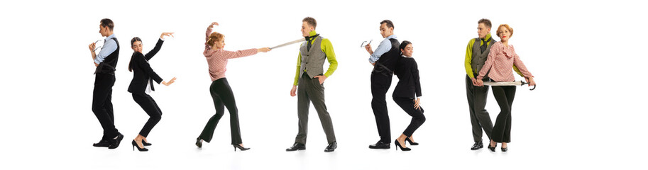 Obraz premium Collage. People in official and retro clothes having fun together, dancing isolated over white studio background