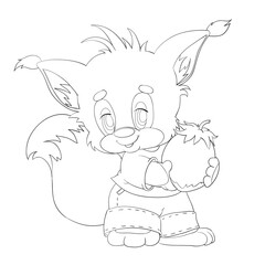sketch, cute little squirrel holds a big nut in its paws, coloring book, cartoon illustration, isolated object on a white background, vector,