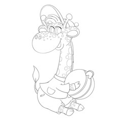 sketch, a giraffe child in a cap holds a ball in his hands, coloring book, cartoon illustration, isolated object on a white background, vector,