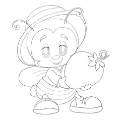sketch, a cute bee in a hat holds a big berry in its paws, coloring book, cartoon illustration, isolated object on a white background, vector,