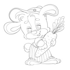 sketch, cute bunny boy in a cap holding a large carrot in his paws, coloring book, cartoon illustration, isolated object on a white background, vector,