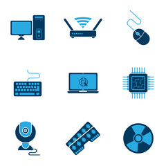 computer spare parts icon vector set. contains RAM, CPU, Monitor, mouse, keyboard and more