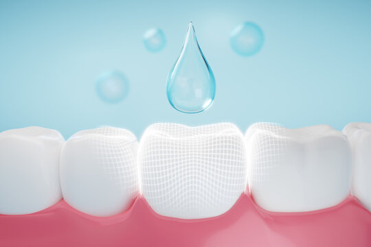 Bubble of toothpaste cleaning tooth and gums. Protect teeth, Fluorine and tooth care concept. 3D rendering.