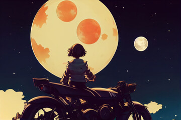 girl sitting on a motorcycle at a sci fi planet watching the moon, concept cartoon manga art