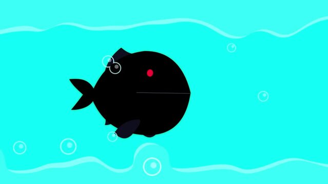 Big fish eating little fish black version on blue water bubbles background. Cartoon business metaphor. Modern explainer motion graphic version. Large and small. Seamless loop.
