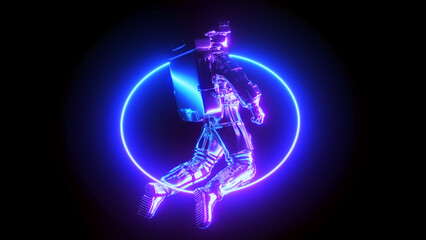 3d rendered illustration of a floating astronaut within a glowing neon ring