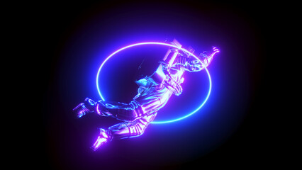 3d rendered illustration of a floating astronaut within a glowing neon ring