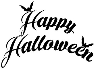 Happy Halloween Vektor Schriftzug in schwarz. Mit Fledermaus. Weißer isolierter Hintergrund.