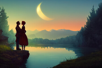 Fototapeta premium lovely couple in hands at a lake with a moon on sky, cartoon animation style