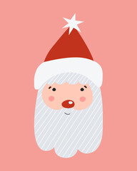 Cute Santa Claus poster on pink background. Vector Christmas character in cartoon style. 