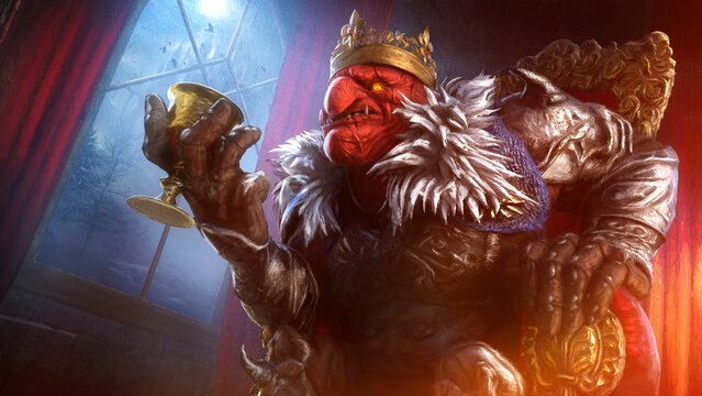 The evil red goblin king in fine black armor with a woolen collar drinks wine from a golden glass, he is an experienced warrior in scars with a sullen face sitting on a red gilded chair. 3d rendering