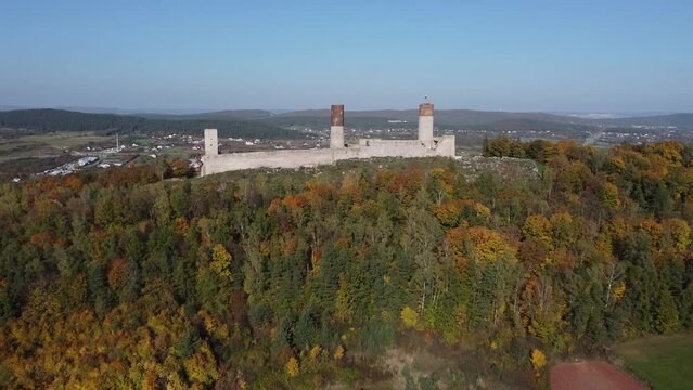 Castle in Checiny filmed from above overlooking the city of Checiny, Poland.