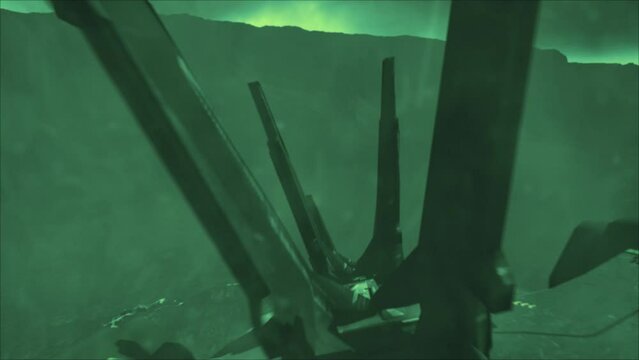 Cinematic reveal shot of a stormy mountainous alien crash site, flying back over the spine of a vast derelict space ship with wreckage, through an electrical silicate storm - green color scheme