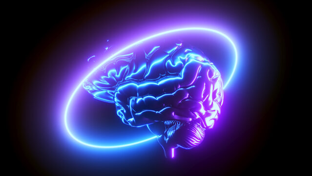 3d rendered illustration of an abstract metallic brain with neon lights