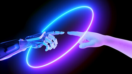 3d rendered illustration of a robot hand touching a human hand in neon light - 539126060