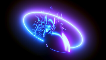 3d rendered illustration of a metal heart in neon light