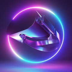 3d rendered neon light illustration of a chrome VR headset