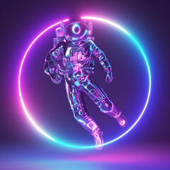 3d rendered neon light illustration of a chrome astronaut