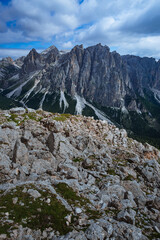 The landscape and the peaks of the Dolomites of the Val di Fassa, one of the most famous and touristic valleys of Trentino, near the town of Canazei, Italy - August 2022.
