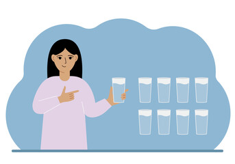 The woman is holding a glass of water. Water balance infographic. 8 glasses of water every day. Healthy lifestyle.