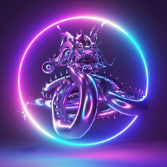 3d rendered neon light illustration of a chrome dragon