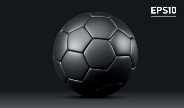 Black soccer ball. Leather 3d football ball on black background. Football 3d ball. EPS10.