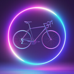 3d rendered neon light illustration of a chrome bicycle