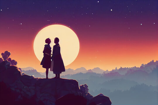 prince and princess standing in front of the moon on a hill, cartoon art