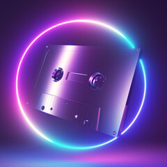 3d rendered neon light illustration of a chrome cassette