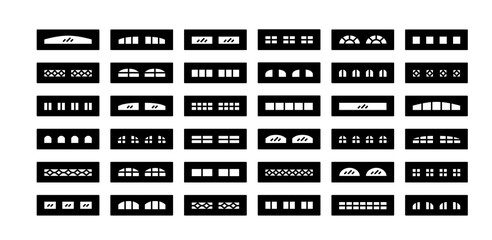 Garage windows. Modern and vintage window frames for garage door, home storage, workshop. Exterior elements. Silhouette outline icons.