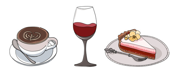 Set of cartoon drawings of restaurant drinks and dessert.