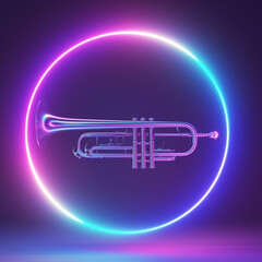 3d rendered neon light illustration of a chrome trumpet