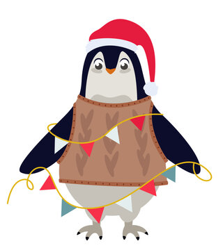 Penguin with Christmas decorations. Cute character in cartoon style.