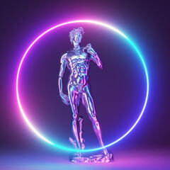 3d rendered neon light illustration of a chrome david statue