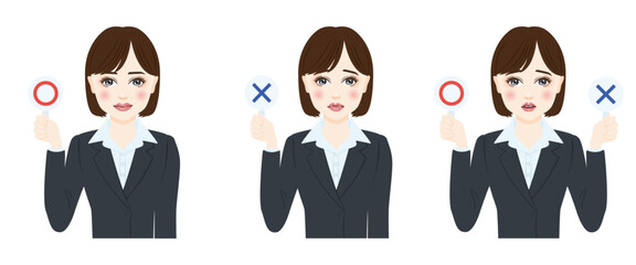 woman in gray suit with short hair true or false illustration set