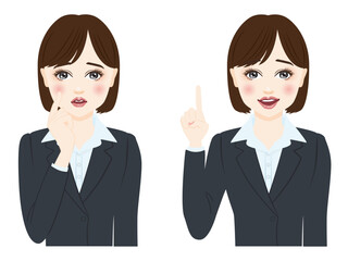 woman in gray suit with short hair before after illustration set