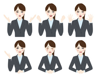 woman in gray suit with ponytale face expression illustration set