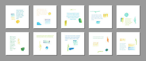 Set of watercolor vector brush strokes illustrations on universal cards can be used for social media marketing. Set of beautiful vector watercolor shapes on white background.