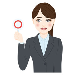 woman in gray suit with ponytale put up OK bill