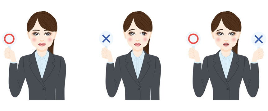 woman in gray suit with ponytale true or false illustration set