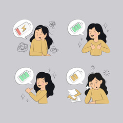 A set of color illustrations by hand. The girl is in different states: the girl is burned out, tired of work, no strength, depressed, the battery is at zero, the girl is full 