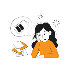 The illustration is black and white with orange color. The girl is exhausted, burned out, tired of work, depressed, the battery is running low, needs rest and a break