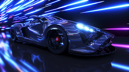 3d rendered illustration of a generic race car in a tunnel with lights flying by