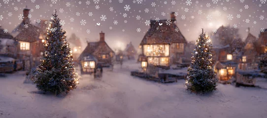 Fototapete Lavendel Christmas background with snowfall decorations on a blurred winter landscape with vintage fairy tale village houses and Christmas trees  © Olena Panasovska