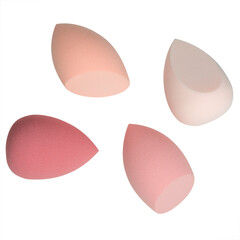 Minimal trendy pattern of makeup sponges for cream on a white background. Beauty blender in the shape of an egg. Aesthetic flat cosmetic sponge