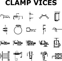 clamp vice grip tool metal icons set vector. equipment vise, steel screw, construction hold, industry compress, industrial hold clamp vice grip tool metal glyph pictogram Illustrations