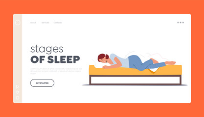 Stages Of Sleep Landing Page Template. Girl Sleep On Side With Bent Legs. Female Character Sleeping Pose